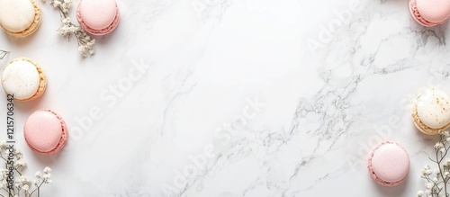 Macarons arranged around fresh floral elements on a marble surface with Copy Space for text insertion.