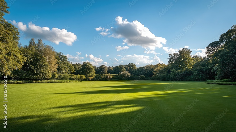 Expansive green grass field under a clear blue sky with fluffy clouds in a serene garden park setting ideal for outdoor relaxation Expansive green grass field under a clear blue sky with fluffy clouds in a serene garden park setting ideal for outdoor relaxation
