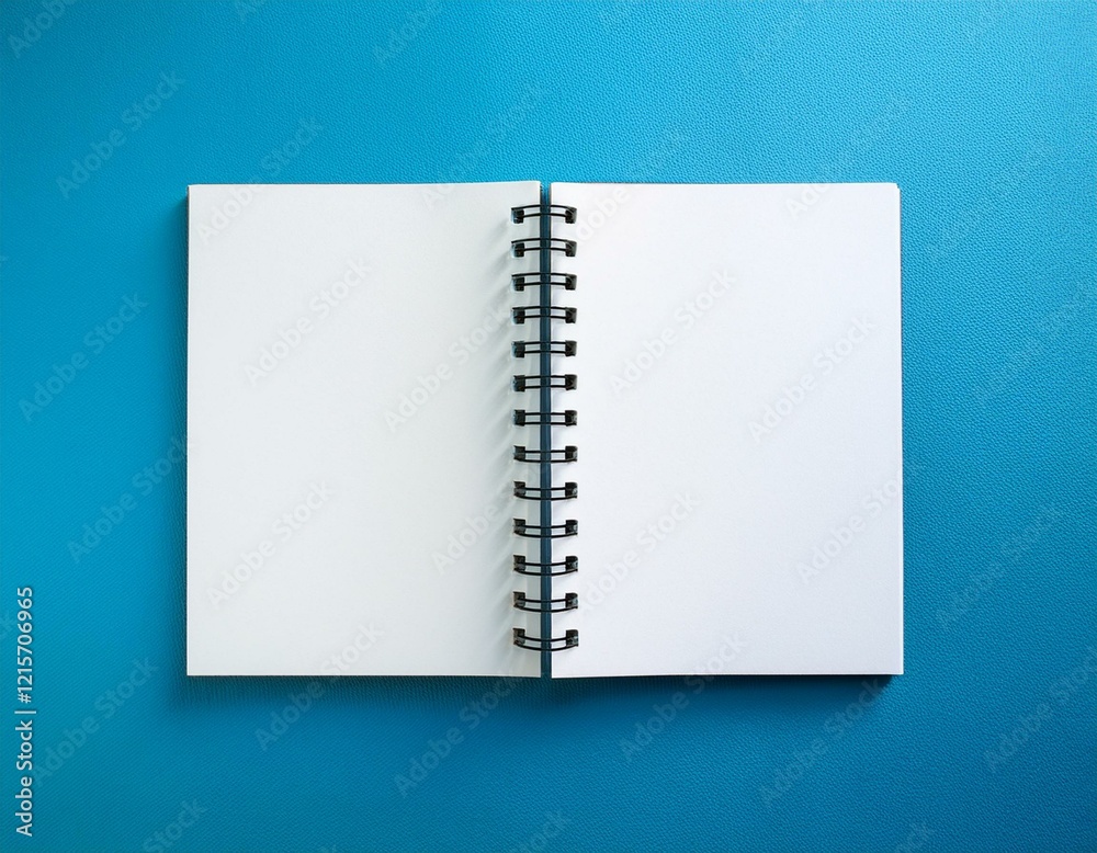 top view of an open spiral blank notebook on a blue background top view of an open spiral blank notebook on a blue background