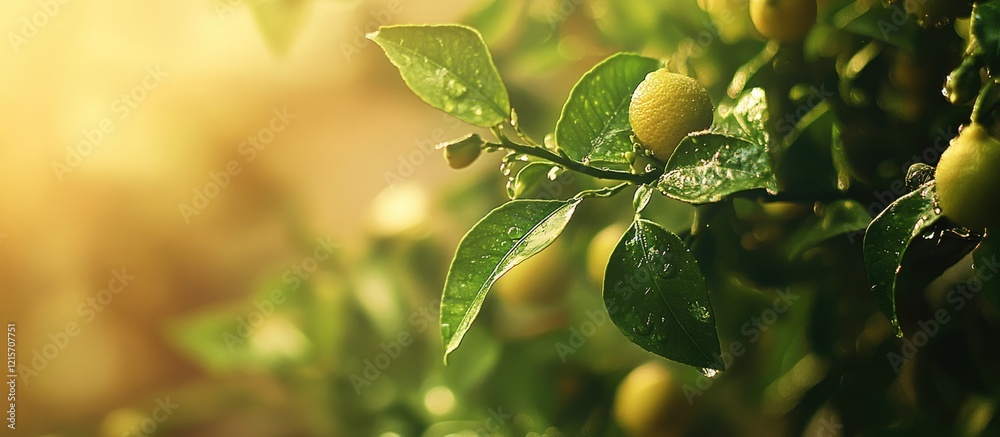 Fototapeta premium Close-up of dew-covered lemon tree leaves with yellow lemons in soft sunlight Copy Space