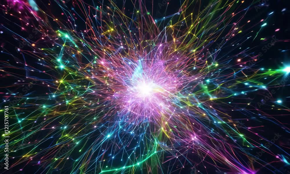 Colorful explosion of particles forming a radiant energy burst, a dynamic and vibrant design, ideal for celebration visuals, festive themes, or creative digital effects