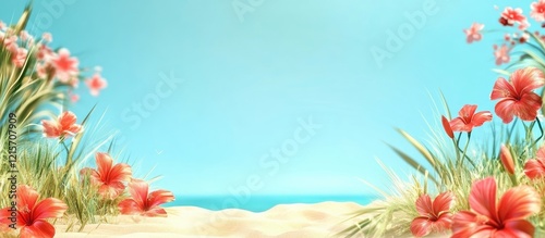 Tropical beach landscape with colorful flowers and green grass against a blue sky and ocean Copy Space photo