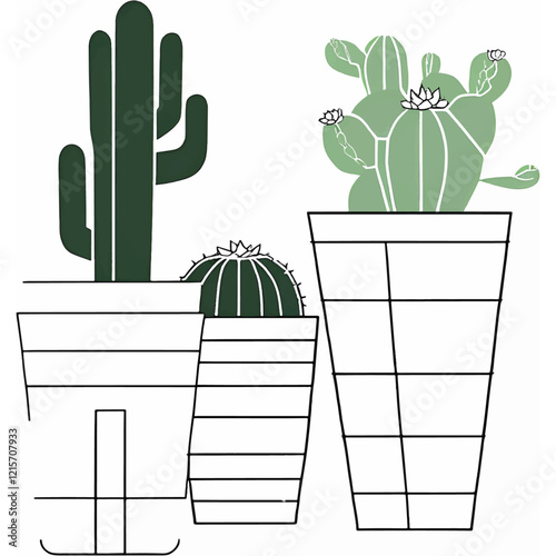 Minimalistic geometric plant pots featuring succulents and cacti, one tall and narrow, the other short and round, with transparent background for home decor projects