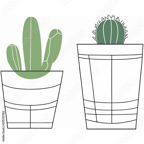 Minimalistic geometric plant pots featuring succulents and cacti, one tall and narrow, the other short and round, with transparent background for home decor projects