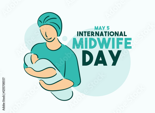 International Midwife Day. May 5. Hand drawn midwife holding a baby. Line. Doodle. Poster, banner, card, background.