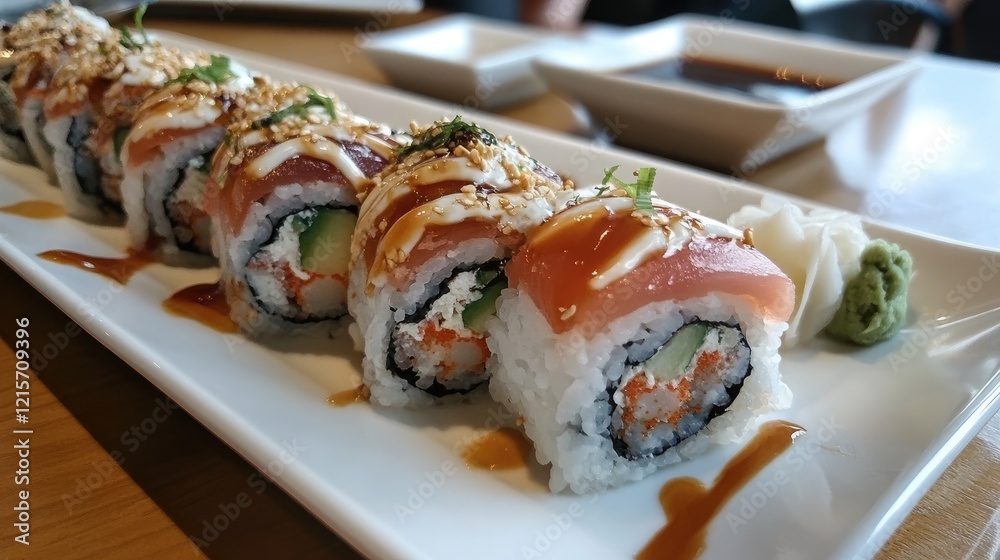 Assorted sushi rolls elegantly presented with dipping sauce garnished with sesame seeds and wasabi on a wooden table Assorted sushi rolls elegantly presented with dipping sauce garnished with sesame seeds and wasabi on a wooden table