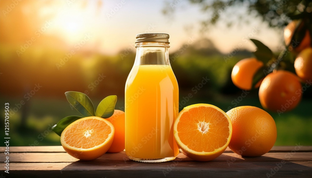 fresh orange juice in glass bottle with sunny background evoking refreshing vibe fresh orange juice in glass bottle with sunny background evoking refreshing vibe