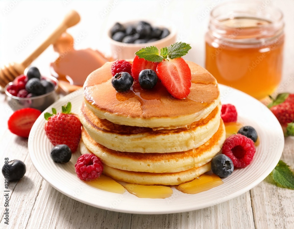 fluffy pancakes drizzled with syrup served with fresh berries and honey fluffy pancakes drizzled with syrup served with fresh berries and honey