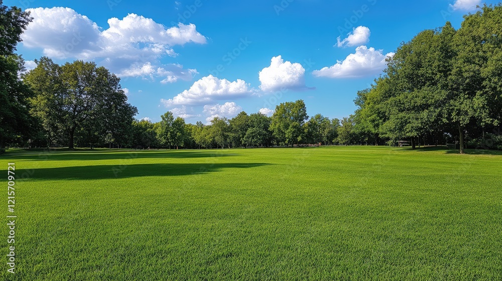 Lush green grass field under a clear blue sky with fluffy clouds in a serene garden park setting perfect for outdoor relaxation. Lush green grass field under a clear blue sky with fluffy clouds in a serene garden park setting perfect for outdoor relaxation.