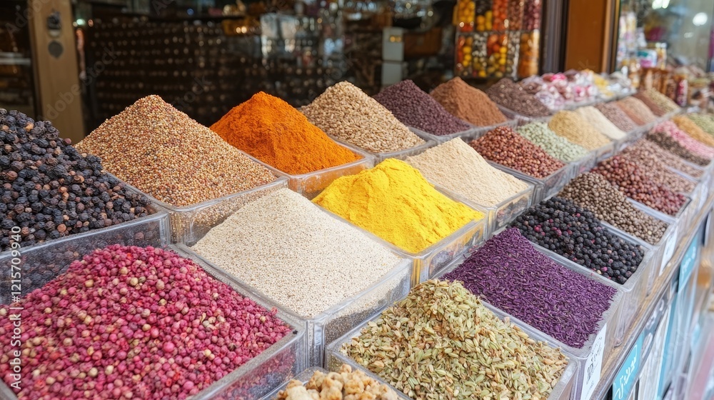 Vibrant Display of Assorted Spices and Seasonings in Clear Containers at a Market Stall Vibrant Display of Assorted Spices and Seasonings in Clear Containers at a Market Stall