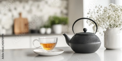 Wallpaper Mural Elegant glass tea cup with a stylish cast iron teapot in a contemporary kitchen setting featuring minimalist decor and ample copy space for text Torontodigital.ca