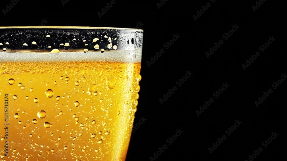 Close-up of frosty beer glass with condensation and bubbles on a black background Copy Space