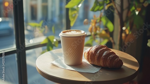 Cozy breakfast nook featuring takeaway coffee cup and chocolate croissant on sunny table with urban view inviting a delicious morning experience. photo