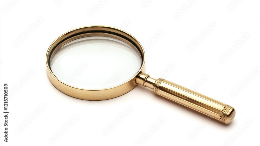 Magnifying glass with a gold-colored frame and handle on a white background with copy space Magnifying glass with a gold-colored frame and handle on a white background with copy space