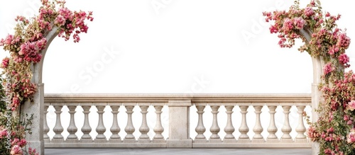 Decorative floral archways with pink flowers framing a balcony railing against a white background Copy Space