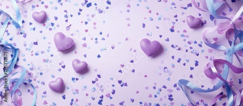 Purple hearts and confetti on a pastel background with ribbon decorations and ample copy space for text overlay