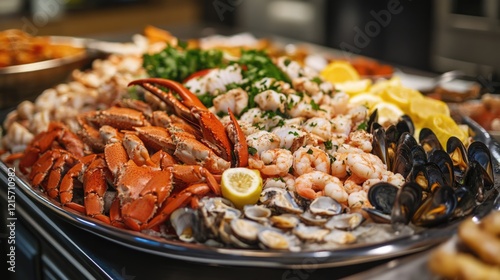 Exquisite seafood platter featuring lobster crab shrimp mussels squid and fresh tuna with copy space for promotional text or menu display. photo