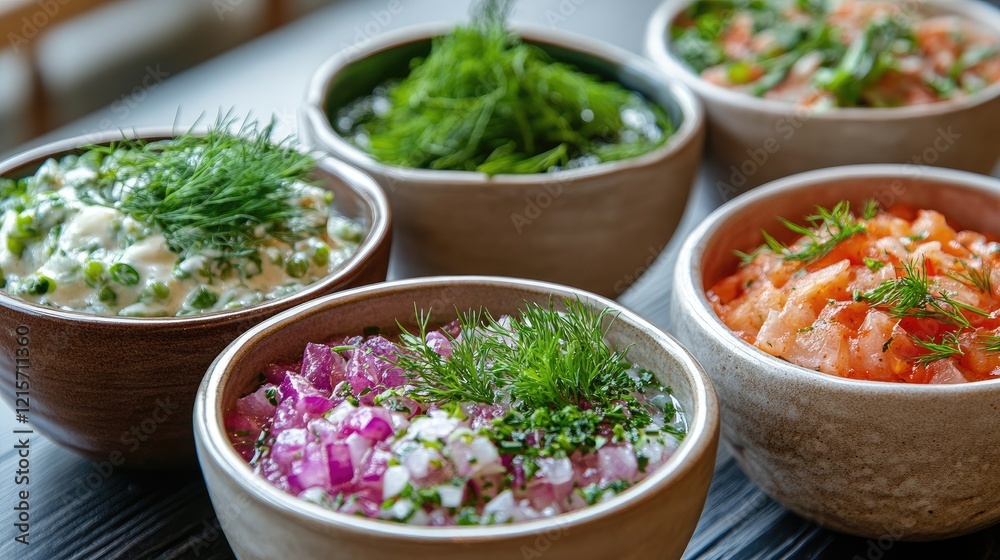 Assorted Tartar Sauces in Bowls with Fresh Herbs for Culinary Presentation and Gourmet Cooking