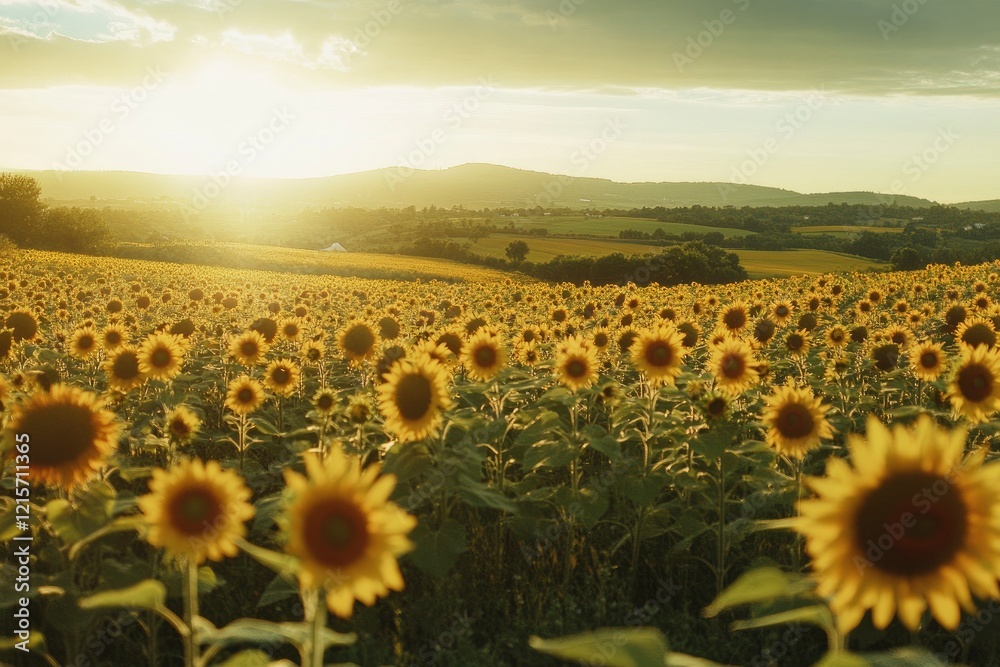 Obraz premium Sunset Sunflower Field Landscape Golden Hour Photography