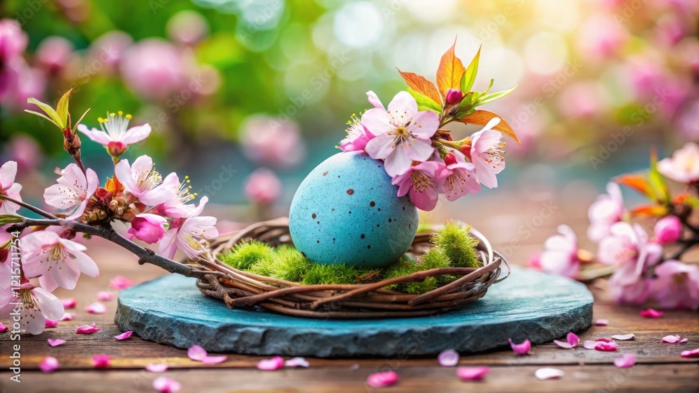 Fototapeta premium Blue Speckled Egg on Cherry Blossom Platform Symbolizing Spring and New Beginnings