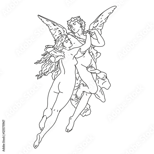 The Abduction of Psyche line art illustration, the goddess of the soul, by Cupid, the god of love. Cupid Illustration. hand-drawn line art