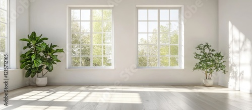 Bright and airy empty room with large windows showcasing greenery outside and potted plants in the corners Copy Space