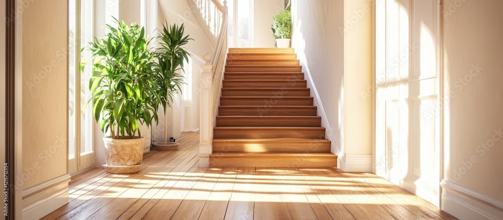 Obraz premium Bright interior hallway with wooden staircase, large windows, and potted plants, featuring ample natural light and copy space