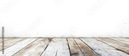 Wooden floor with white wall background and ample copy space for text insertion