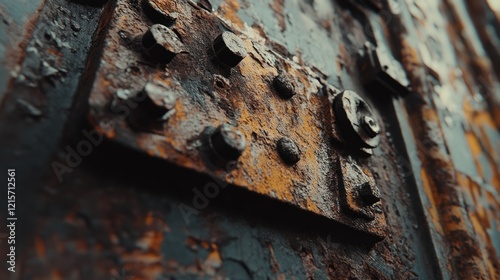 Rusty metal texture with bolts and rivets on an old industrial surface, detailed close-up of corrosion, Copy Space available. photo