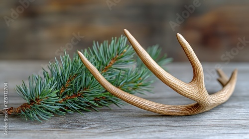 Rustic deer antler & pine, wood background, winter decor photo