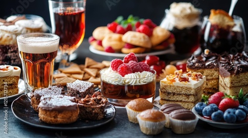 Assorted Desserts and Alcoholic Beverages on Table with Fresh Fruits and Sweets for Elegant Celebration or Party Setting photo