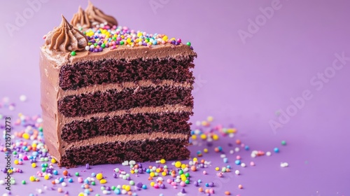 Chocolate layer cake with sprinkles on a purple background and copy space for text. photo