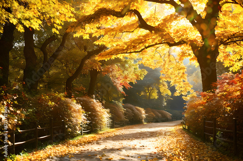 秋の紅葉が美しい森の小道