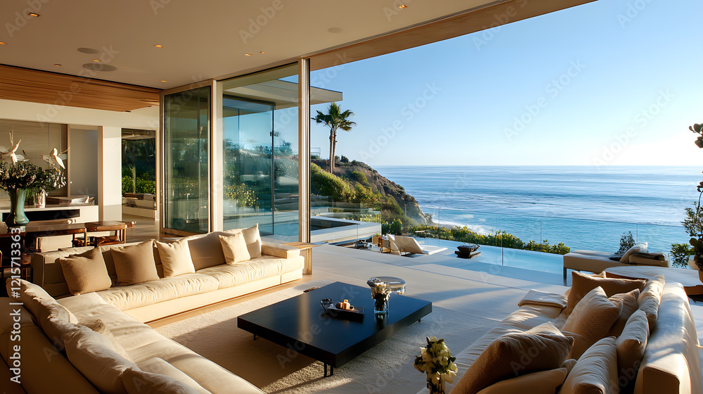 Fototapeta premium Bright modern kitchen and dining area with large windows and beach views.