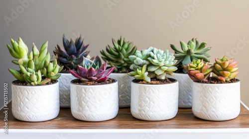Wallpaper Mural Assorted small succulents in decorative white ceramic pots arranged on a wooden surface ideal for home decor and gardening concepts Torontodigital.ca
