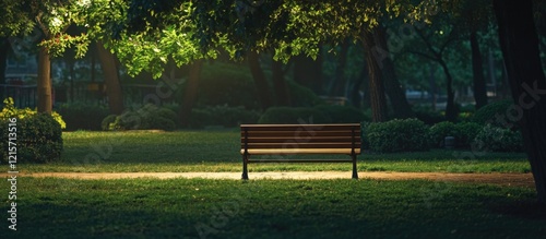 Serene urban park bench illuminated at night with lush greenery and empty space for text or creative use
