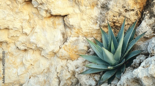 Agave plant thriving against a rugged limestone cliff with ample empty space for custom text placement or design elements photo