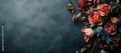 Floral arrangement of dried roses and greenery on dark textured background with copy space for text photo