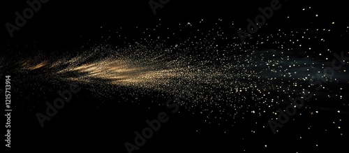 Abstract golden particles dispersion against a black background with copy space for text or graphics.