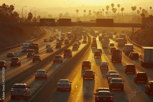 Sunset freeway traffic jam, urban highway commute
