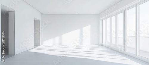 Empty bright room with large windows casting shadows on the floor and minimalistic decor, featuring Copy Space for text placement.
