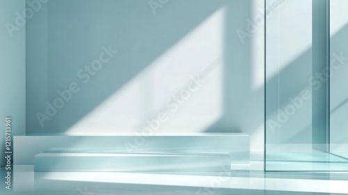 Minimalist interior with glass walls and bench casting shadows, modern architecture, bright natural light, Copy Space.