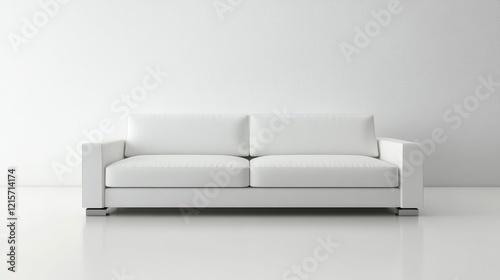 Modern minimalist white sofa on a reflective floor with empty wall for copy space in contemporary interior design setting