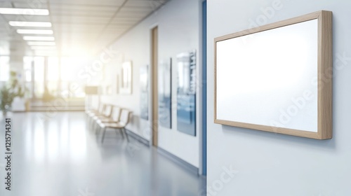 Modern empty frame on wall in bright interior space with sunlight and copy space for text placement in medical or office environment.