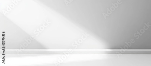 White minimalistic interior with diagonal light rays illuminating a smooth surface and walls providing Copy Space for overlay text.