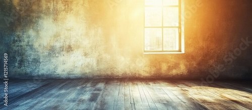Empty room with window casting warm light on textured walls and wooden floor with ample copy space for text or design.
