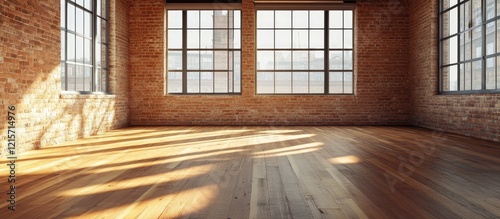 Spacious empty interior of a modern industrial room with large windows and wooden flooring Copy Space