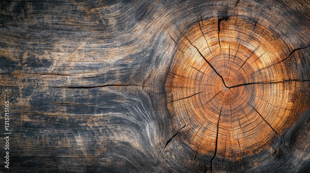 Fototapeta premium Rustic Dark Wood Texture with Tree Ring Detail and Copyspace for Text or Design Elements in a Natural Aesthetic Setting