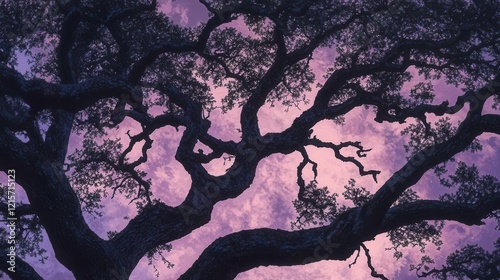 ancient gnarled oak tree silhouetted at twilight intricate branches creating natural fractal patterns against dusky purple sky