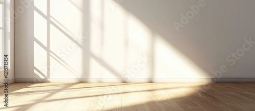 Empty room interior with natural light and shadows on wooden floor and white walls, Copy Space available for text placement.
